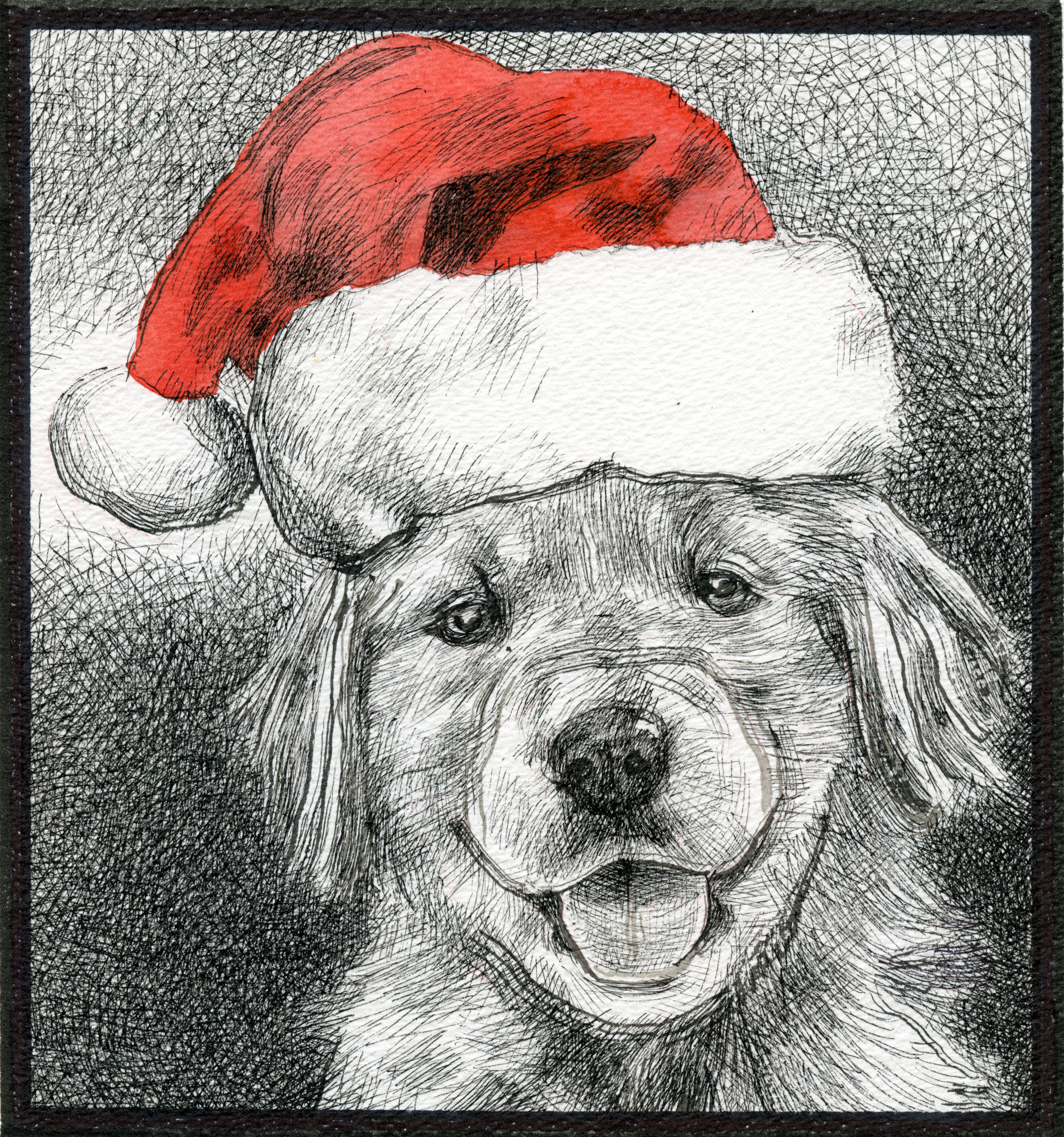 A sketch of a happy dog wearing a red Santa hat with a white brim and pom-pom.