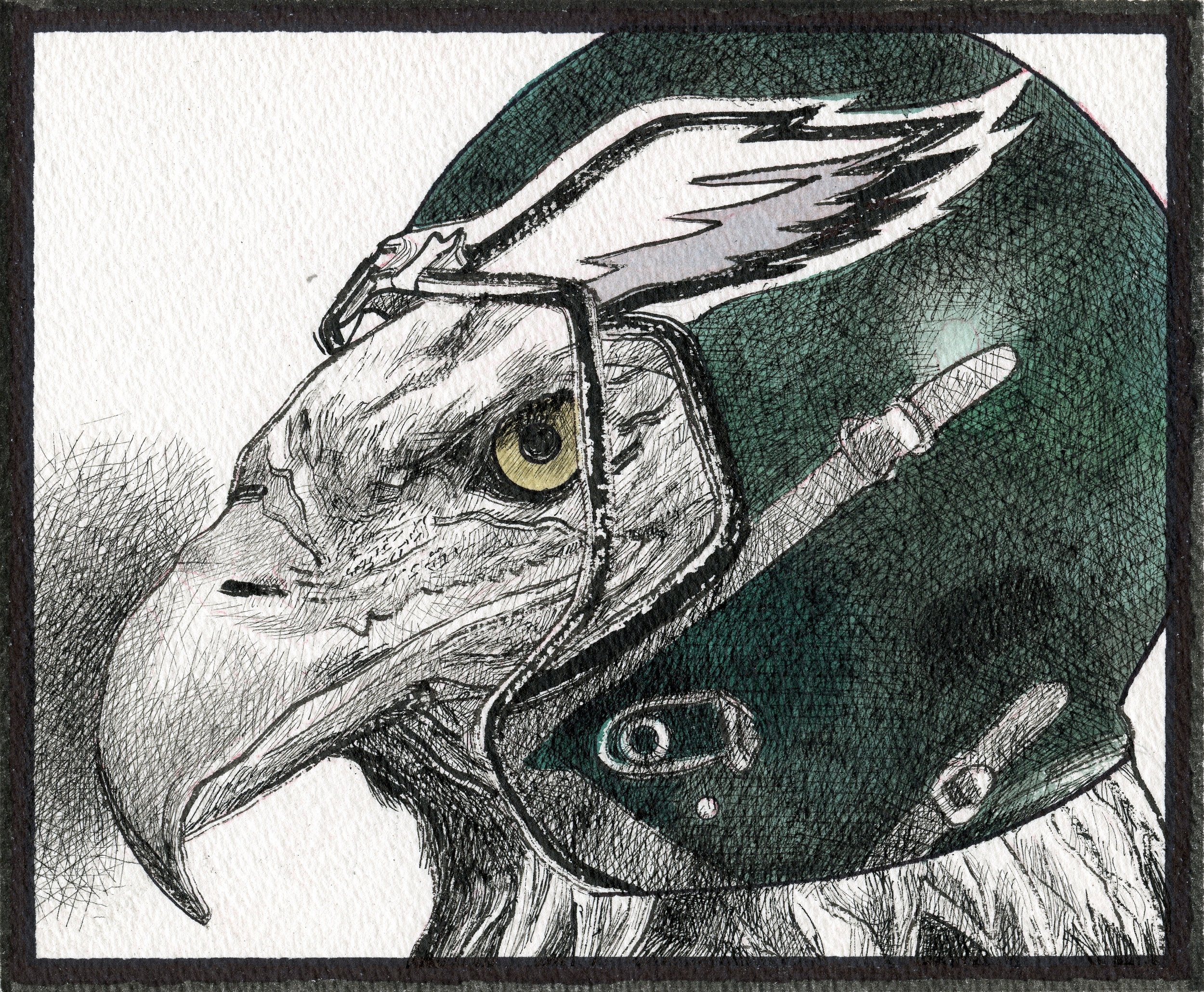 A detailed sketch of a dinosaur wearing a green motorcycle helmet with a white stripe and a dark visor, showcasing a realistic eye and textured skin.