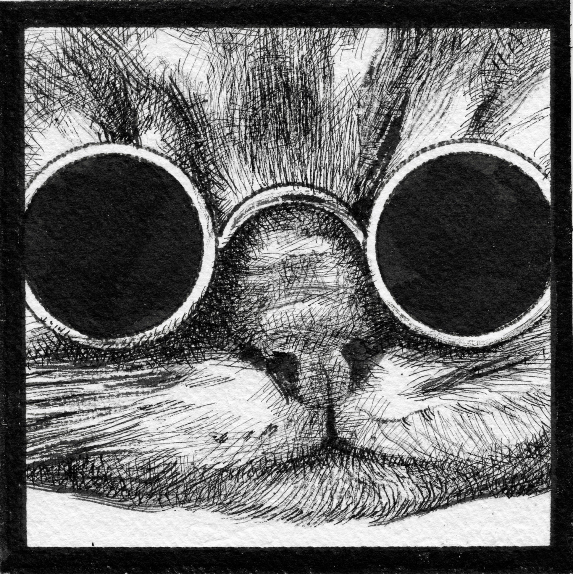 A black and white sketch of a cat's face wearing sunglasses, with detailed lines highlighting the fur and goggles' frames.