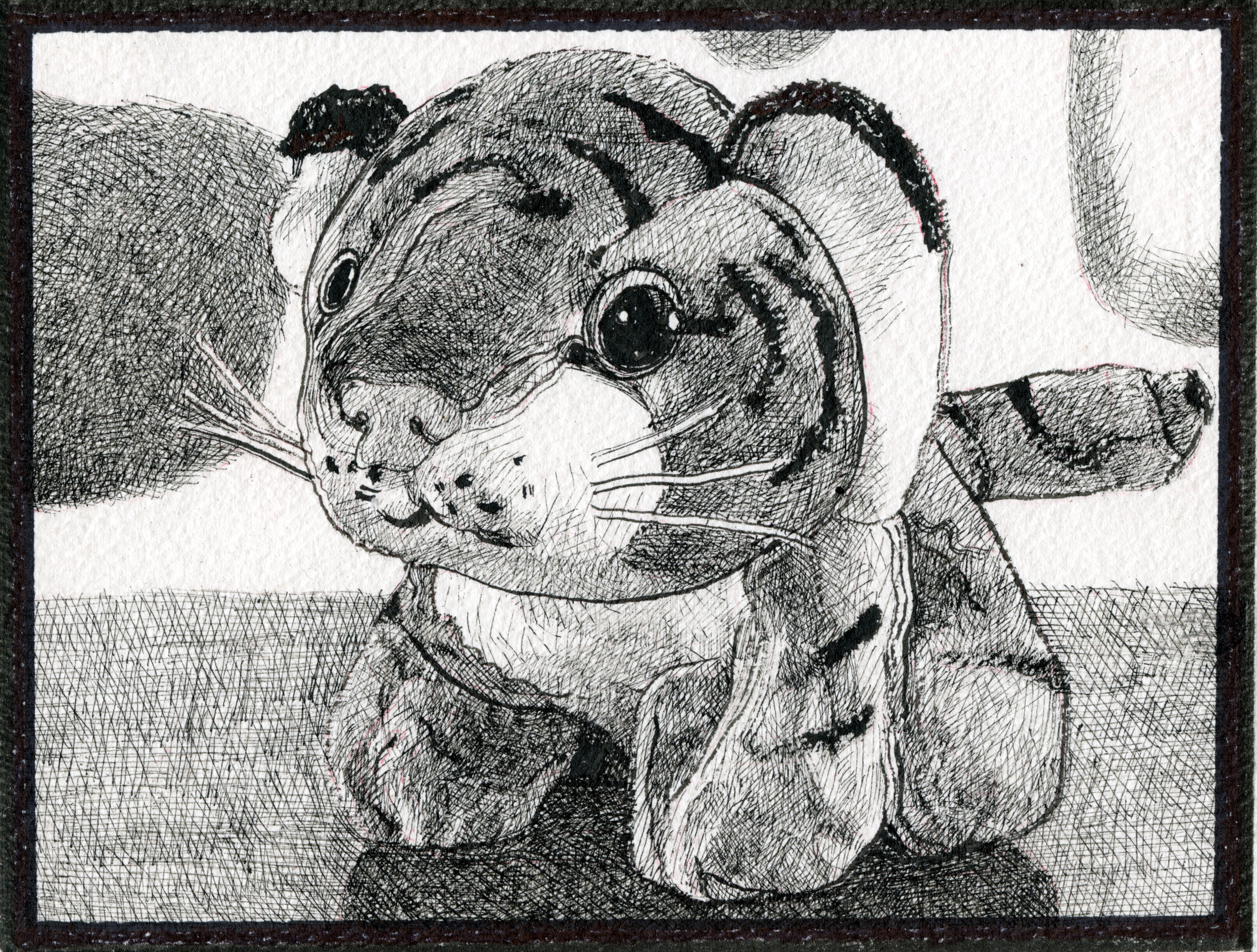 A detailed black and white ink sketch of a puppy with one eye, lying down with its head resting on what appears to be a pile of blankets or clothing, with some shaded background and a crosshatched ground.