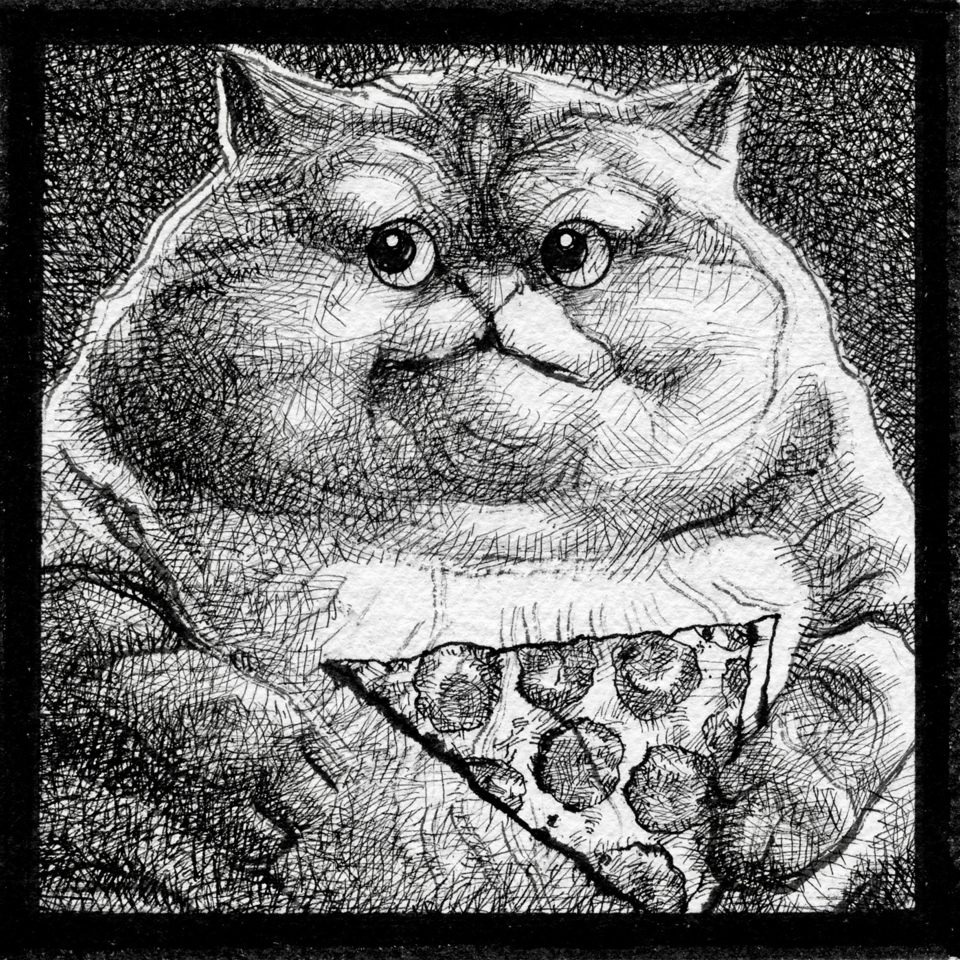 Black and white sketch of a chubby Persian cat with large eyes, holding a slice of pizza with pepperoni.