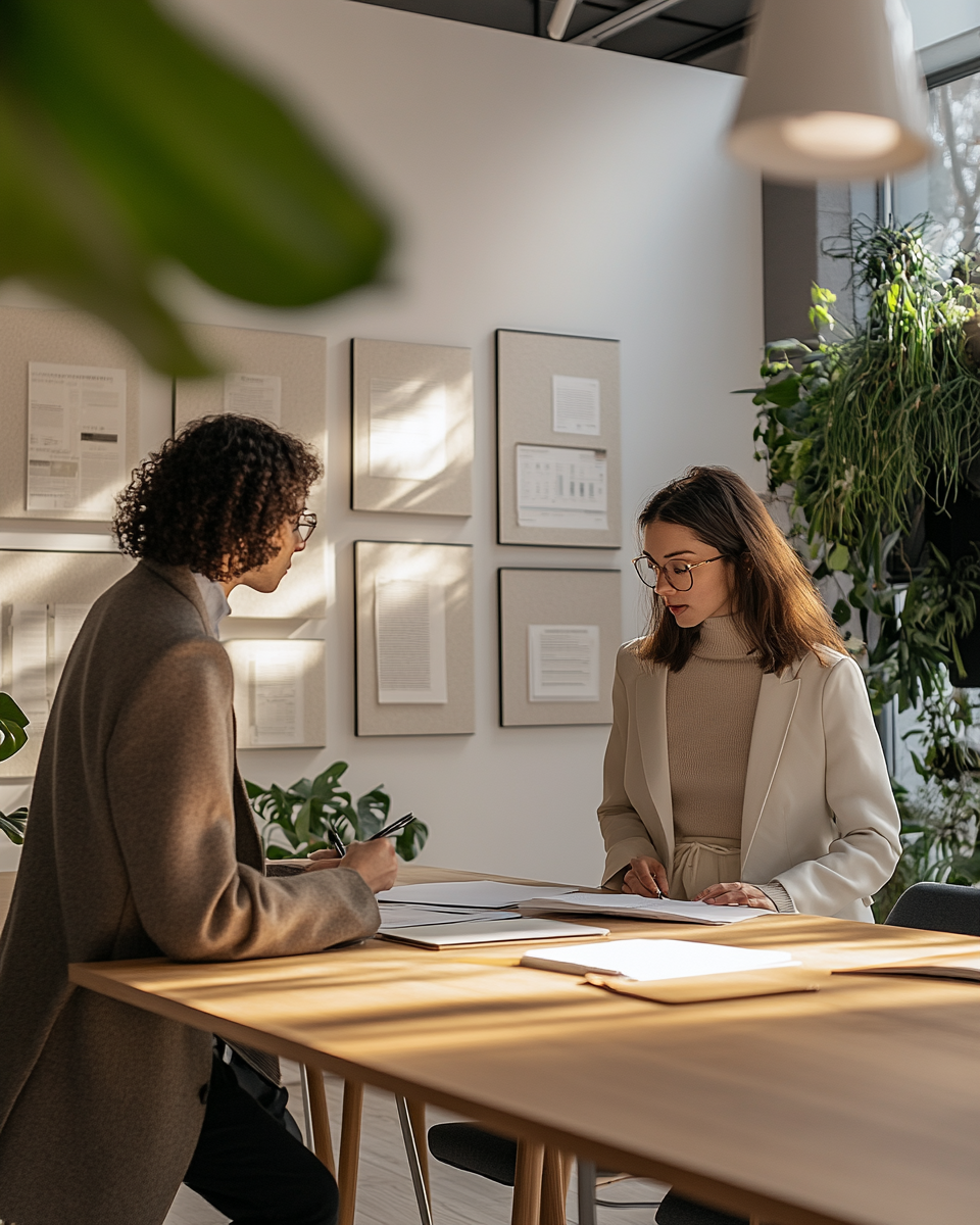 Two women talking in a modern office with a wooden table, large windows, and framed documents or charts on the wall.