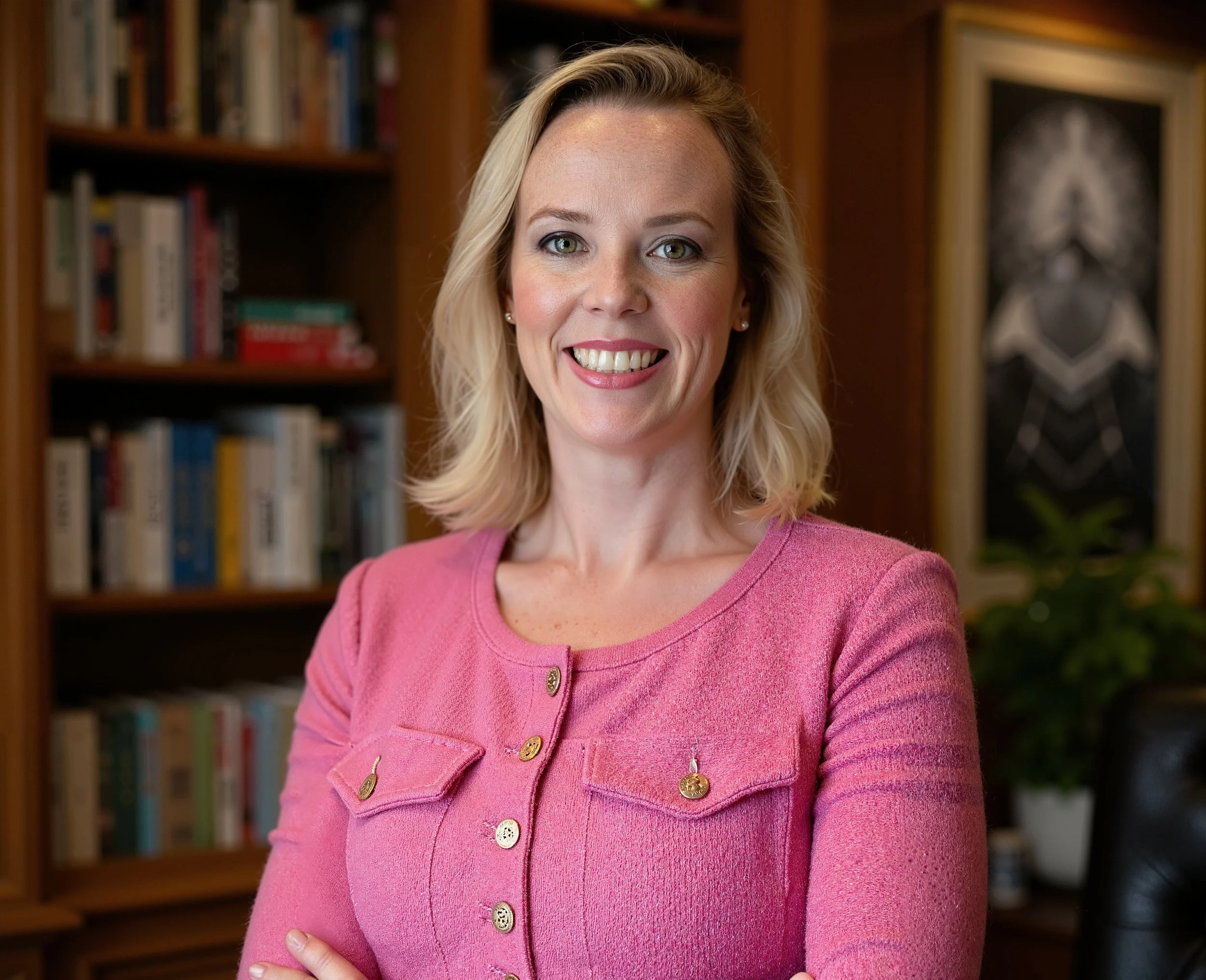 A woman with blonde hair in a pink cardigan smiling indoors with a bookshelf in the background.