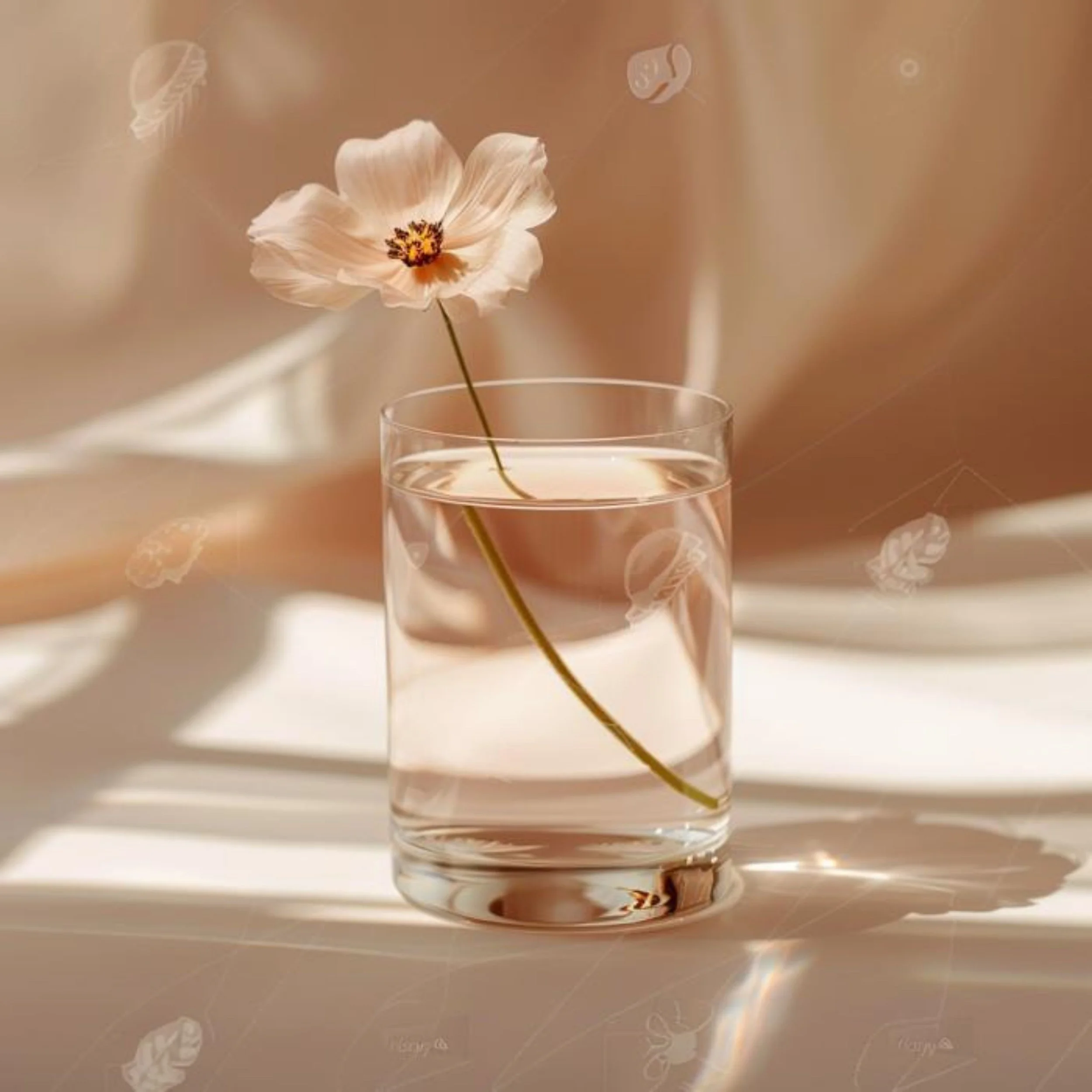 A clear glass of water with a light-colored flower floating in it, casting shadows and reflections on the surface beneath, with soft, warm lighting.