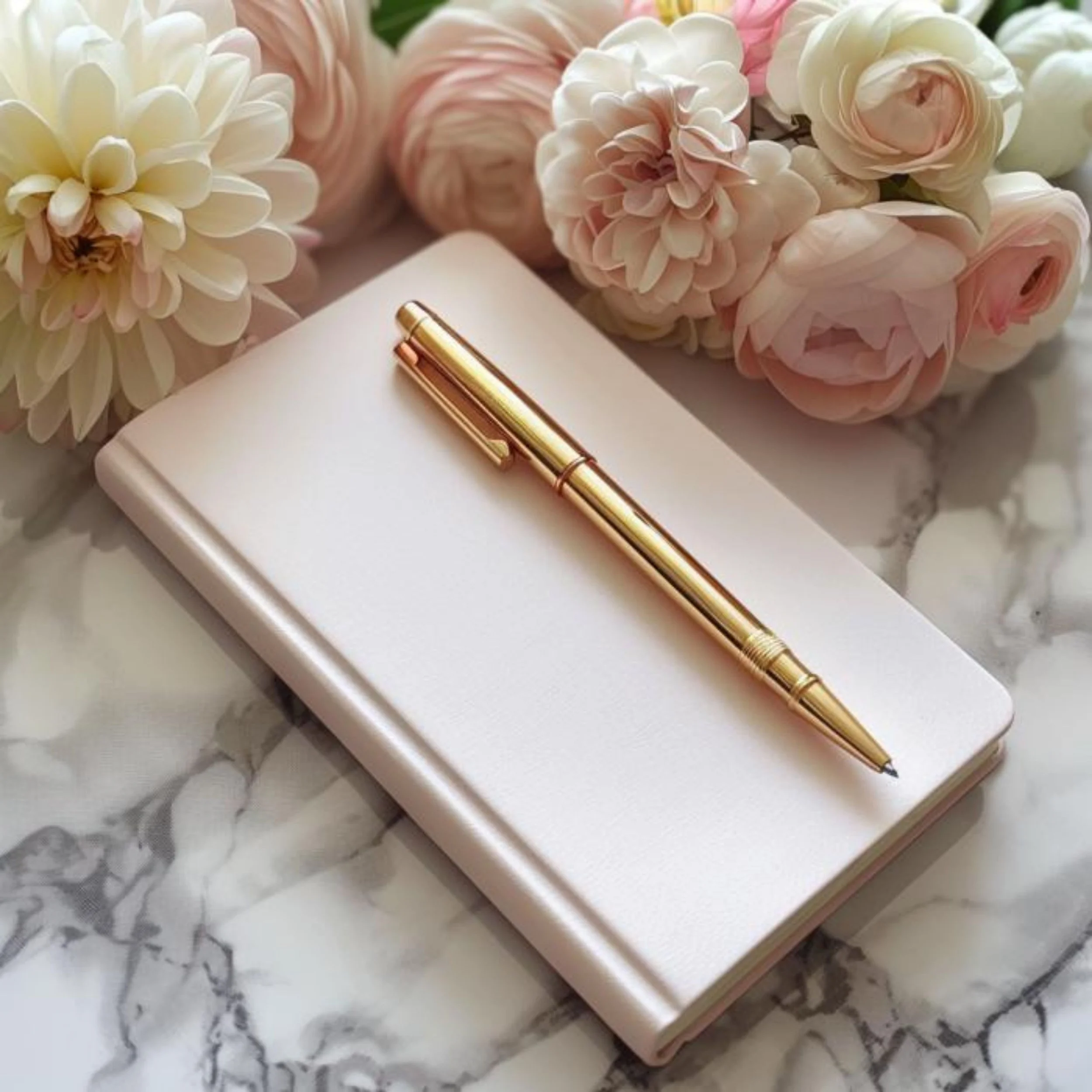 A closed pink notebook with a gold pen resting on top, surrounded by pink and white flowers on a marble surface.