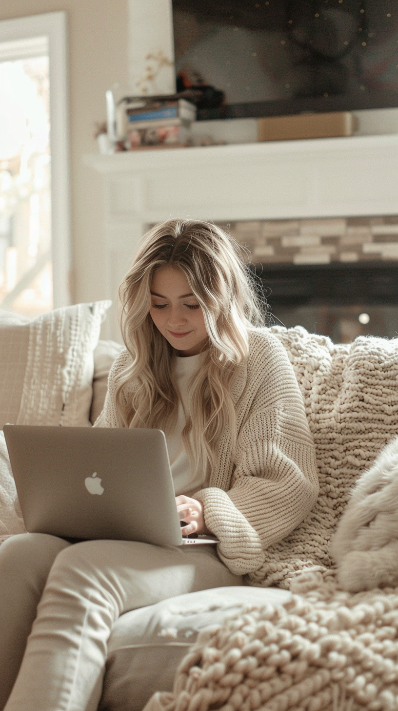 A young woman with long blonde hair, smiling while working on a MacBook laptop on a cozy, beige couch in a well-lit living room.