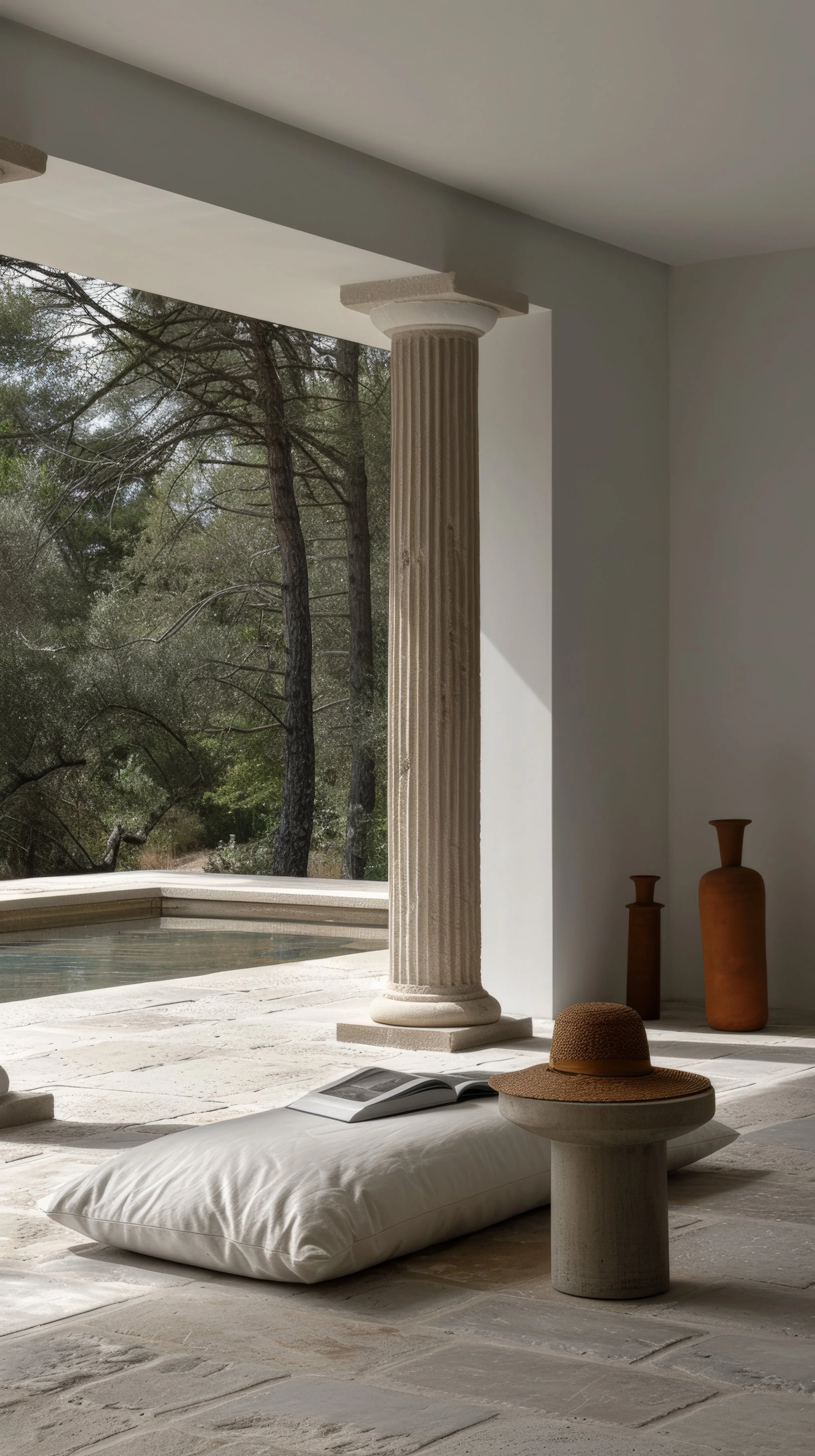 A minimalist outdoor patio area with a classical column, large pillow on the stone floor, an open book, a straw hat, and two clay vases, overlooking trees and a pool.