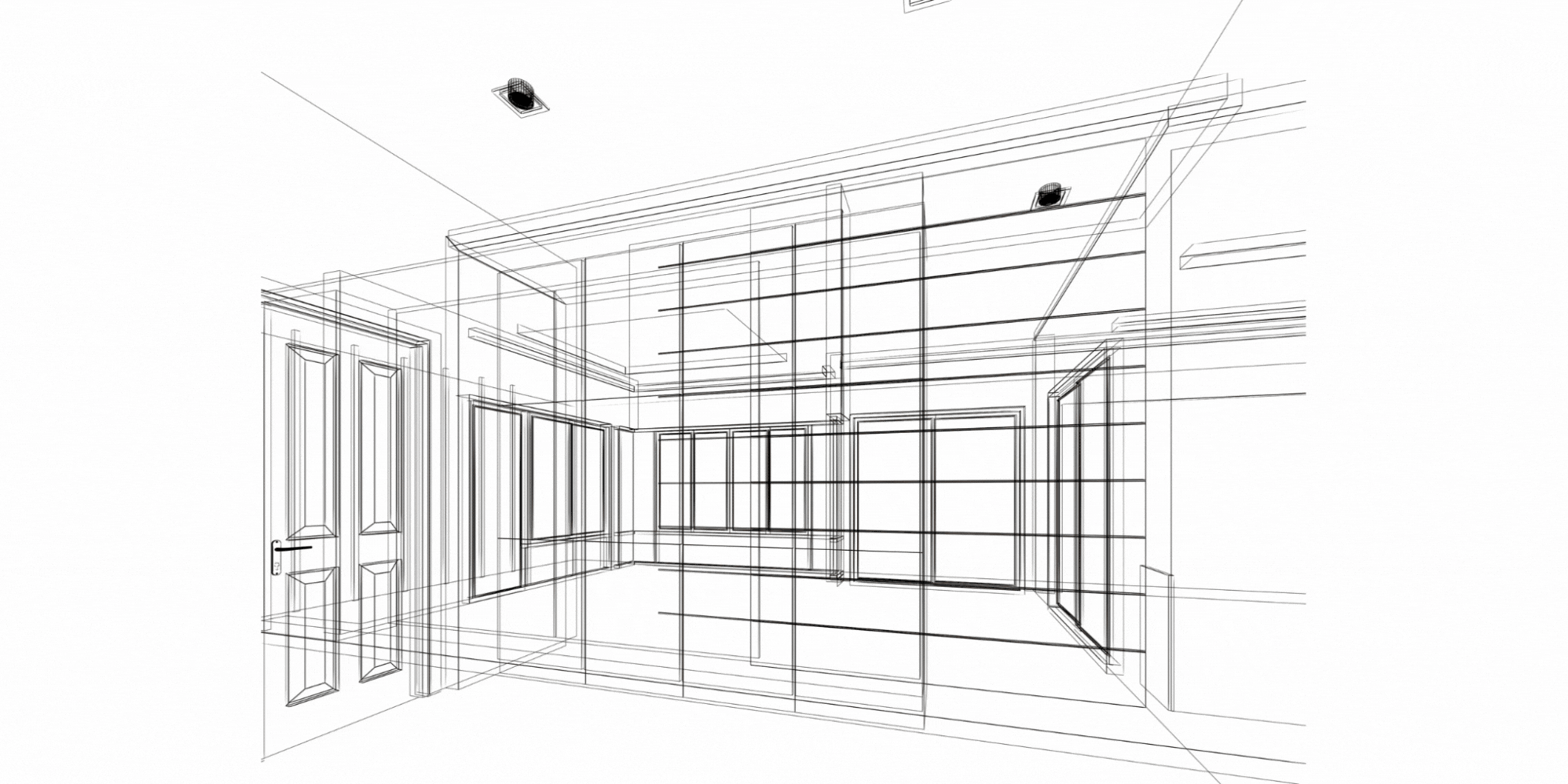 Sketch of an interior room with ceiling lights, windows, and a door, drawn in wireframe style.