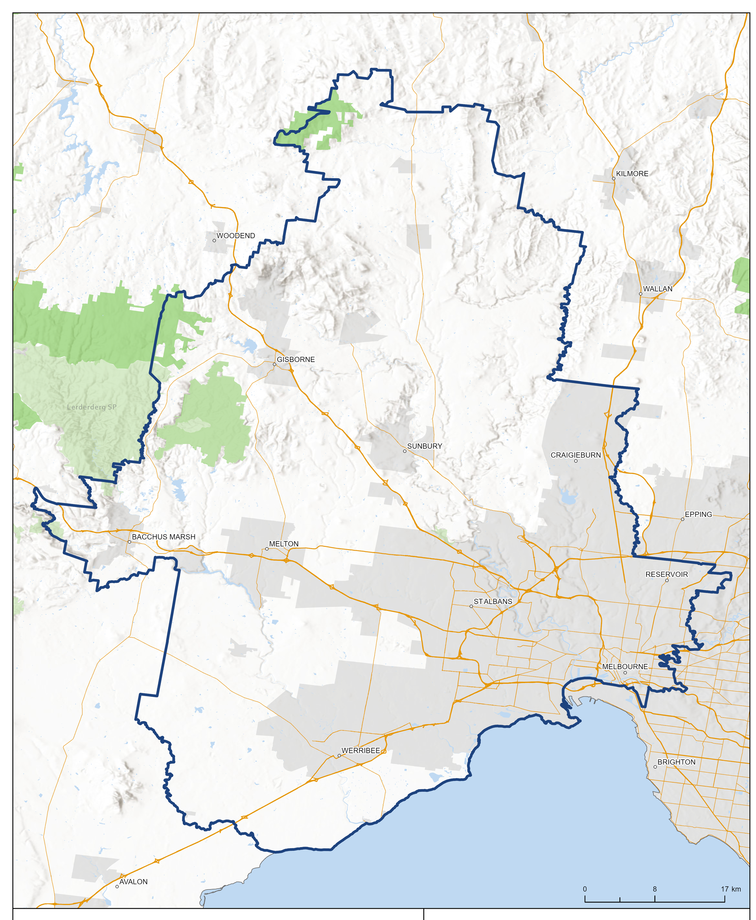 Map of a region in Victoria, Australia, showing borders, cities, highways, and green areas representing parks or forests, with Lake Werribee visible in the lower part of the map.