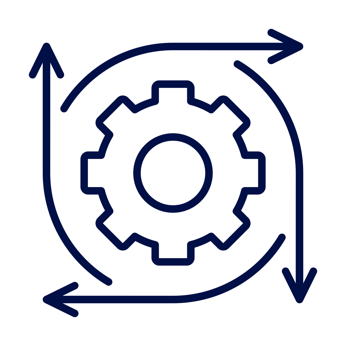 A dark blue outline illustration of a gear surrounded by curved arrows indicating process or cycle, representing automation, settings, or system optimization.