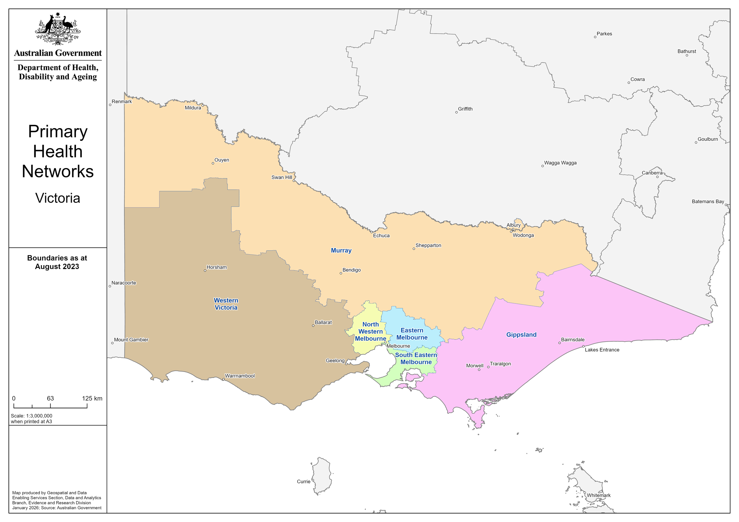 Map of Victoria, Australia, showing primary health networks divided into regions with different colors, including North Western Melbourne, Eastern Melbourne, South Eastern Melbourne, Gippsland, Western Victoria, and Murry, dated August 2023.