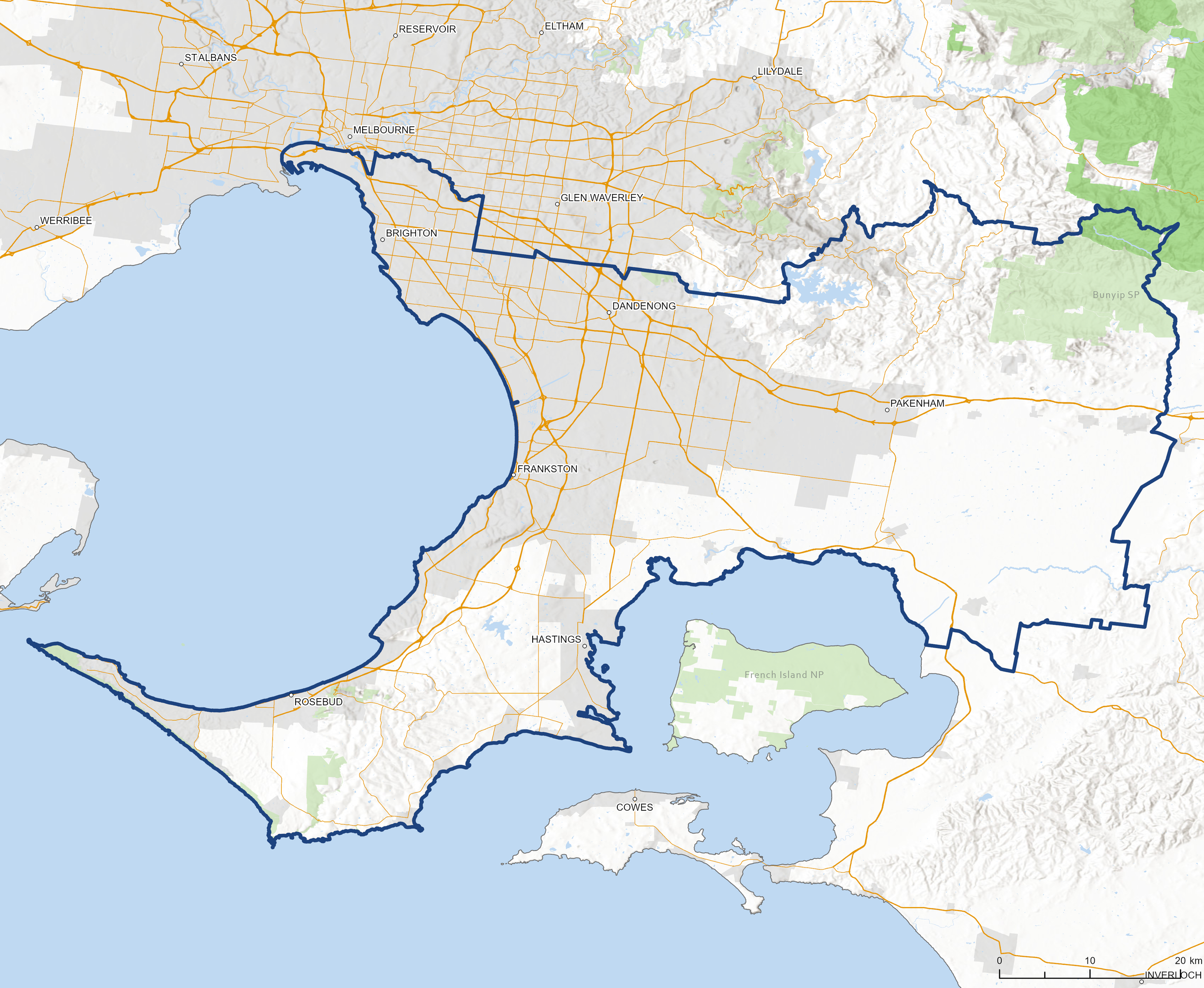 Map displaying a route from Melbourne, Victoria to the northeastern border of Victoria, Australia, showing roads, geographic features, and city names.