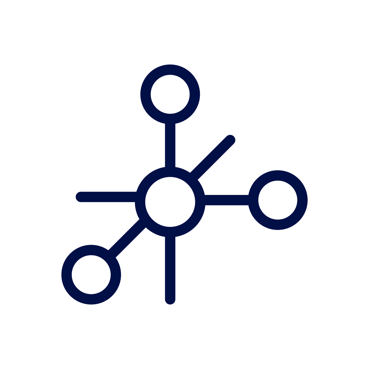 A network diagram with five connected nodes, including a central circle connected to four outer circles with lines.