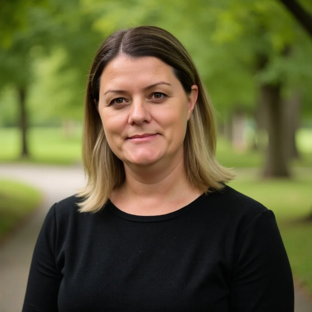 A woman with shoulder-length blonde hair, wearing a black top, standing outdoors in a park with green trees and grass in the background.