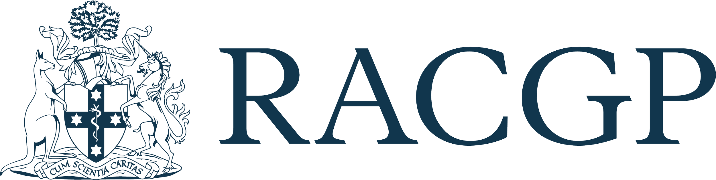 RACGP logo with a shield coat of arms featuring a cheetah, lion, and unicorn, and the Latin motto 'Vigilius Scientiae Crinis'.