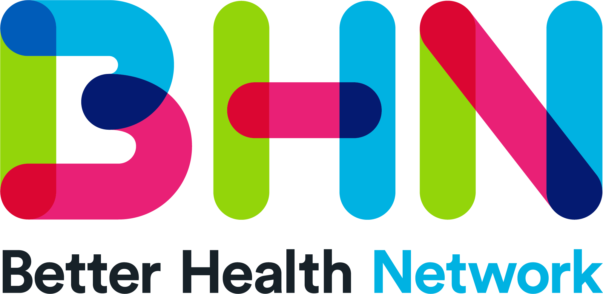 Colorful logo of BHEALTH Better Health Network featuring overlapping circles forming the letters B and H in vibrant pink, blue, green, and red, with the words 'Better Health Network' below.