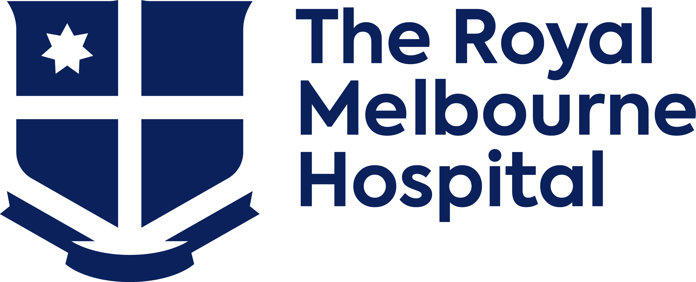 Logo of The Royal Melbourne Hospital, featuring a blue shield with a star in the top left corner and the hospital's name written beside it.