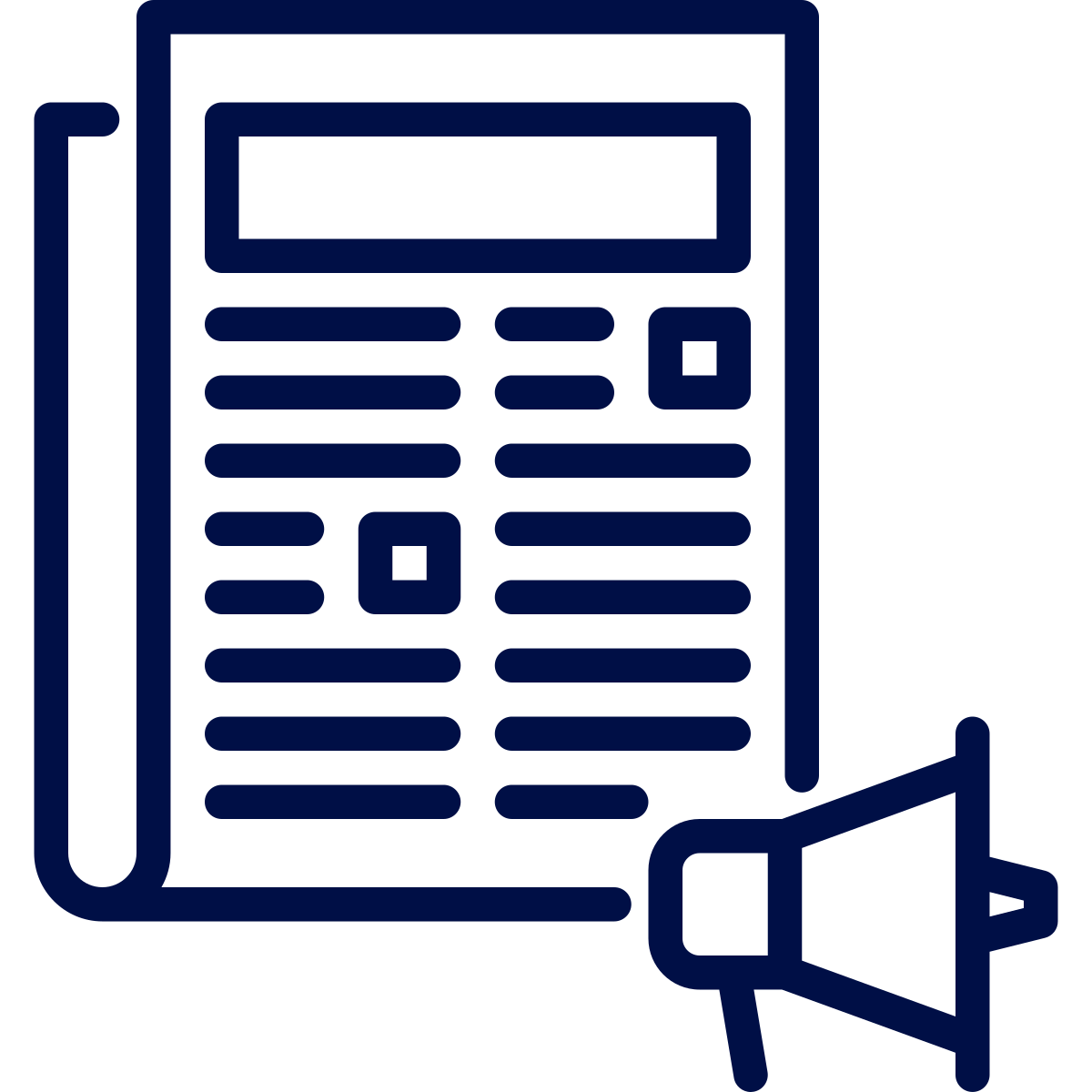 A line drawing of a newspaper with a megaphone icon in the bottom right corner.