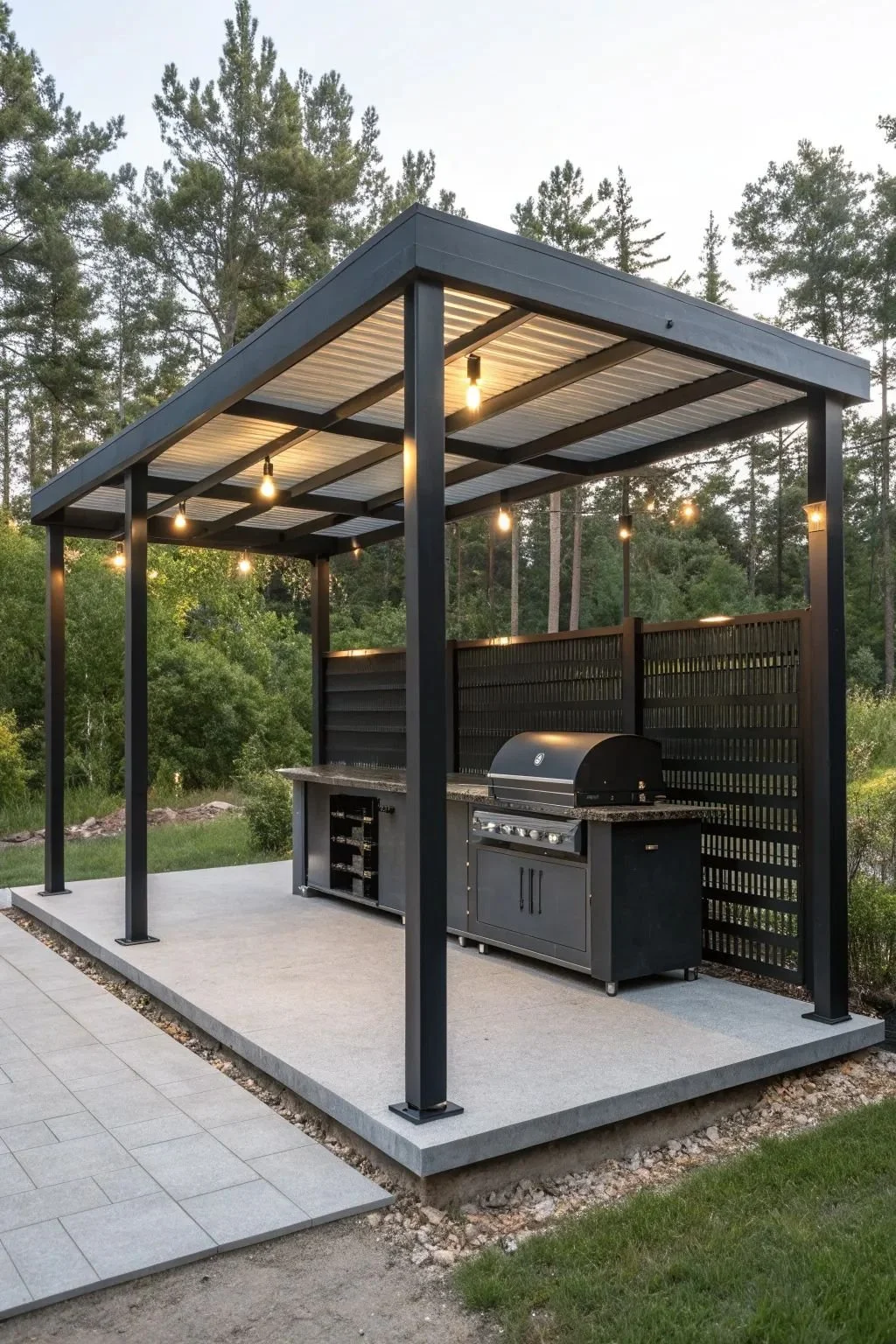 Outdoor kitchen with a black metal pergola, string lights, and a grill, set on a concrete patio surrounded by trees.