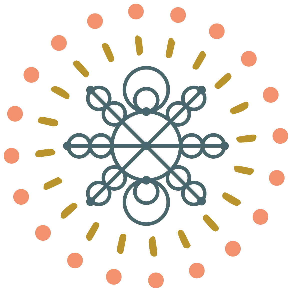 Line drawing of a snowflake with multiple circles and lines, surrounded by orange dots and short lines radiating outward.