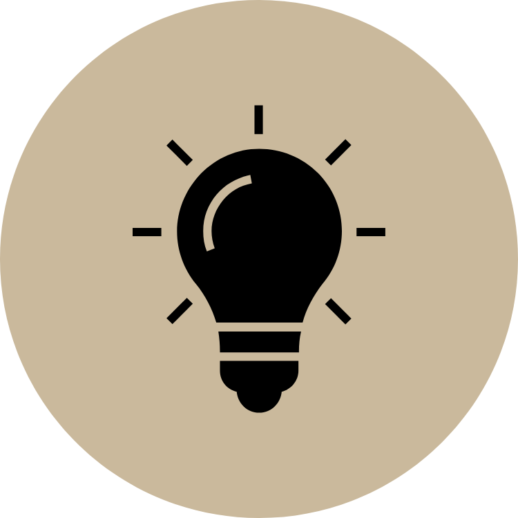 Illustration of a light bulb emitting light, centered on a beige circular background.
