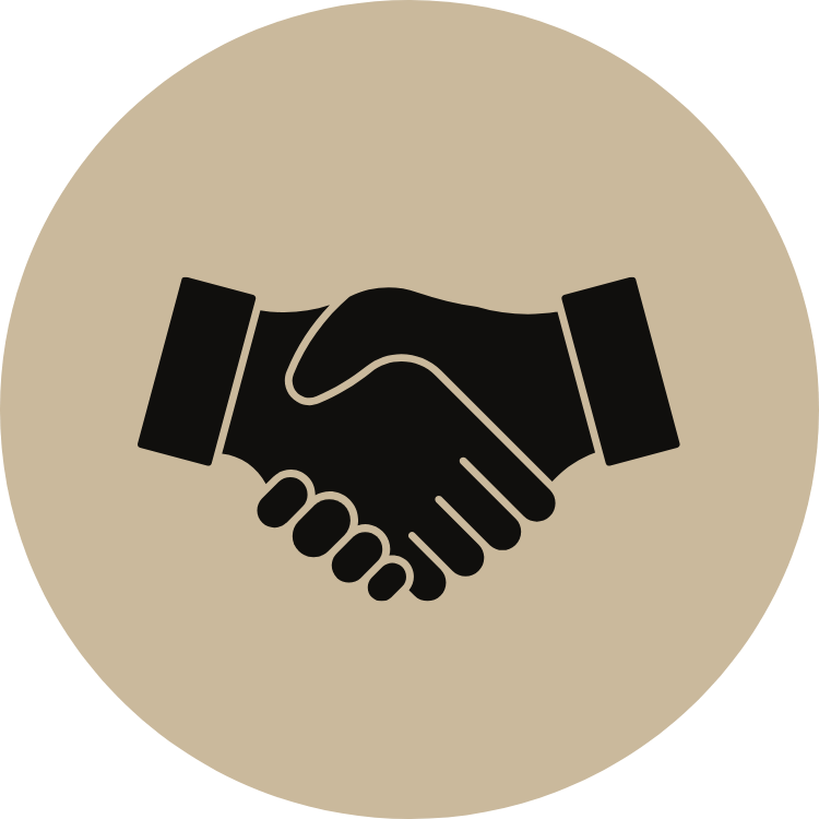 Black silhouette of a handshake inside a beige circle.