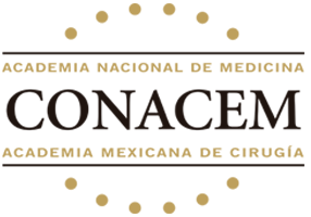 Logotipo de CONACEM, Academia Nacional de Medicina y Academia Mexicana de Cirugía en tonos marrón y dorado.