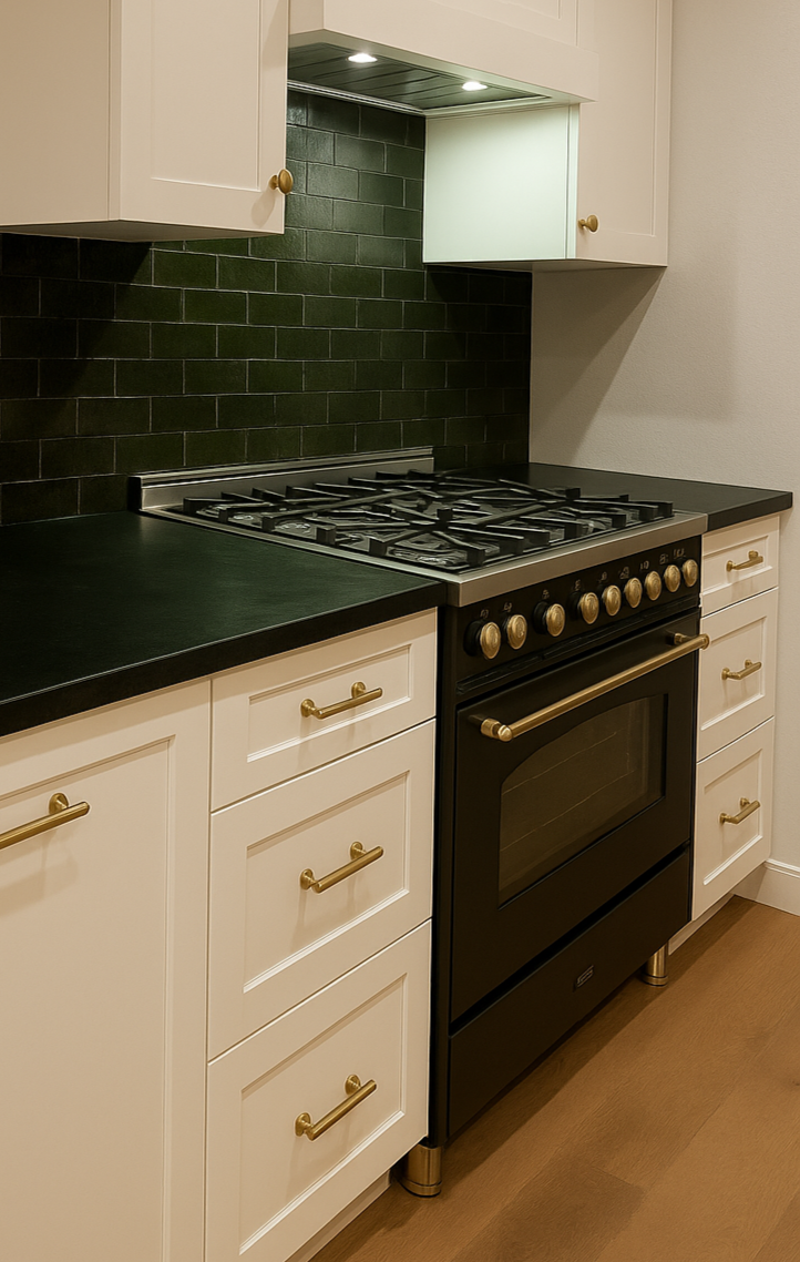 Kitchen with black stove, white cabinets with gold handles, black countertop, green tile backsplash, and overhead lighting.