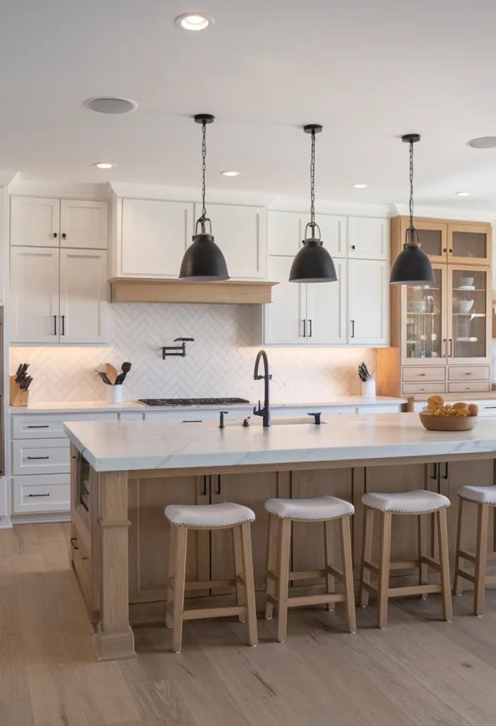 Modern kitchen with a large island, white cabinets, black pendant lights, and a herringbone tile backsplash.