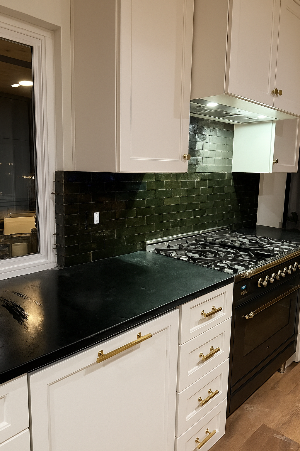 A kitchen with white cabinets, black countertop, black tiled backsplash, gas stove, and gold handles.