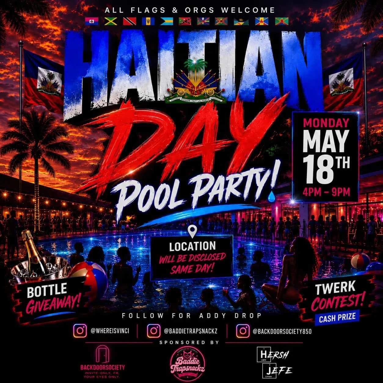 🇭🇹Haitian Day Pool Party 🇭🇹 

&ldquo;This Ain&rsquo;t Ah A.I. Message If You Haitian or Even Know a Zoe Pop Out &amp; Celebrate The Best Part of Black History 🇭🇹 &ldquo; - @HershJefe 💥💥💥

🗓️MONDAY MAY 18th 

⏰4PM - 9PM 

📍address will be d