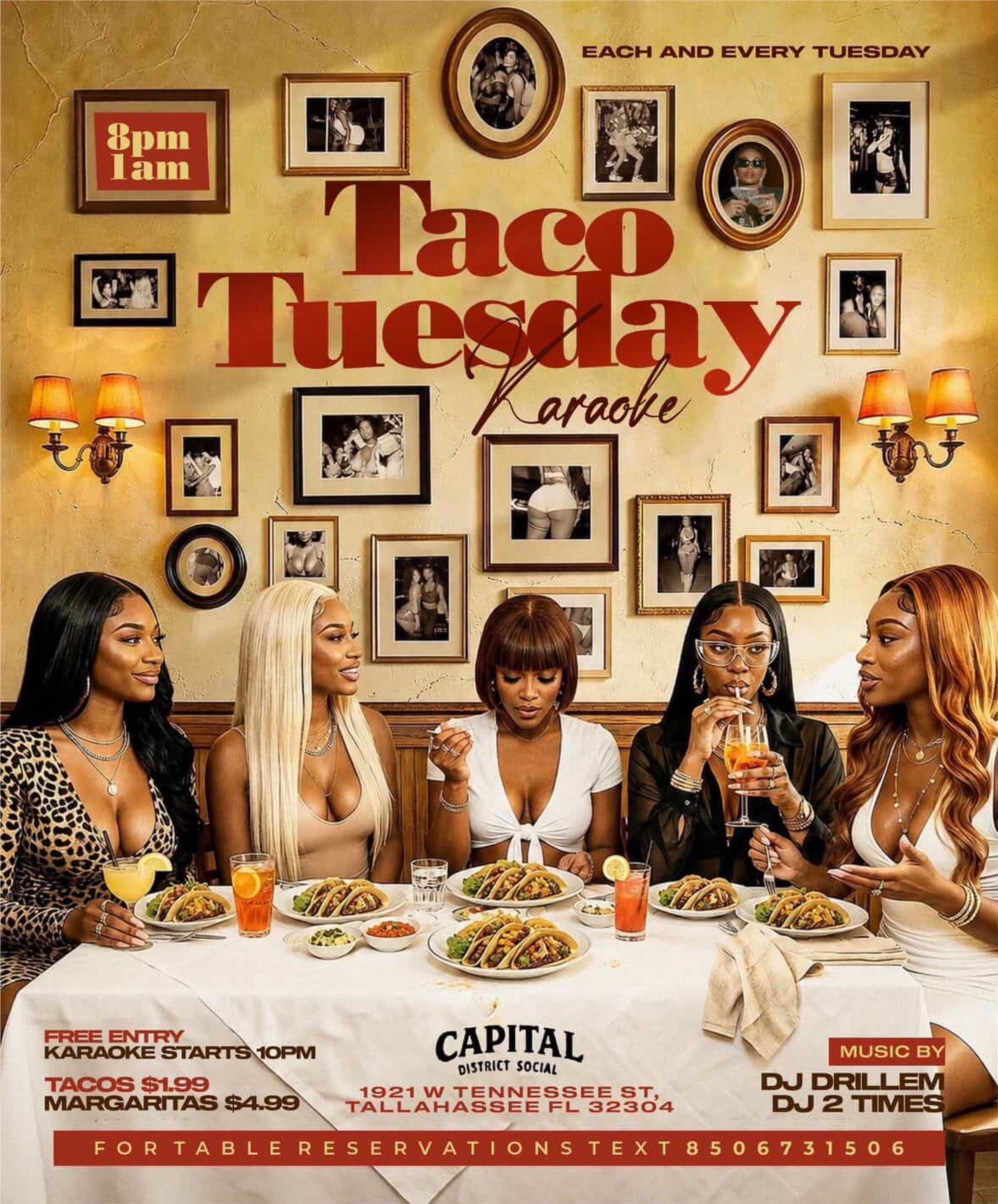 Join us every Tuesday for Taco Tuesday Karaoke 🌮🎤
at Capital District Social

Music by DJ Drillem &amp; DJ 2Times 🎧
Drink specials + food deals all night 🍹

Free entry | 8PM
📍 Tallahassee, FL

#TacoTuesday #TallyNights #DJ2Times