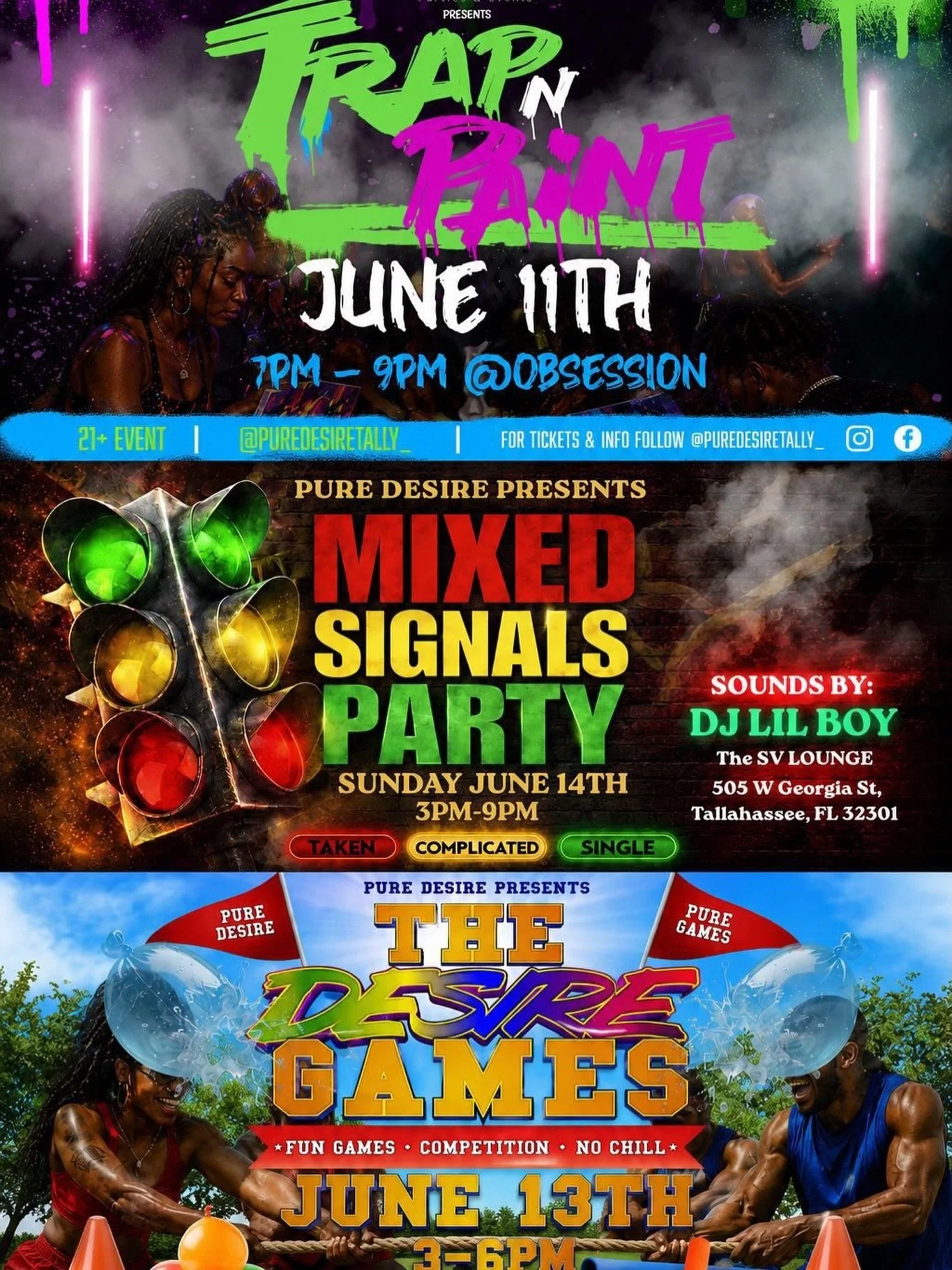 🚨 3 DAYS AWAY 🚨

Tallahassee, what are y&rsquo;all doing this weekend?!

🎨 Trap N Paint
🏃🏾&zwj;♀️ Field Day
💘 Mixed Signals Mingle

Good vibes, good people, and memories waiting to be made.

Tickets are available NOW. Don&rsquo;t wait until the