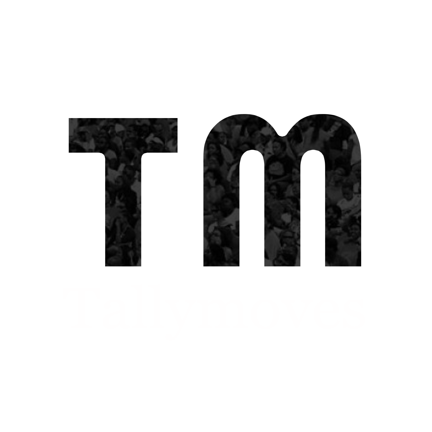 Black background with white and black text reading 'TM'. The black parts of the text contain a crowd of people.