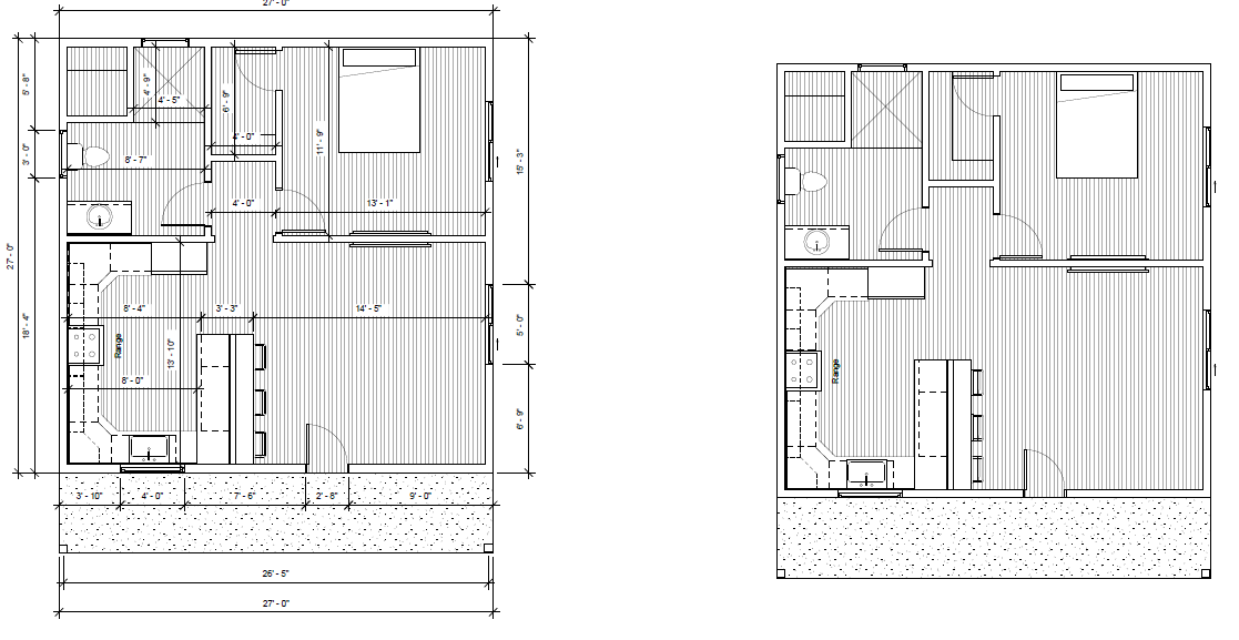Architectural floor plans of a house's first and second floors, showing rooms, walls, doors, and measurements.