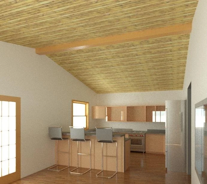 Interior view of a modern kitchen and dining area with wooden ceiling, beige cabinets, and a breakfast bar with four gray barstools