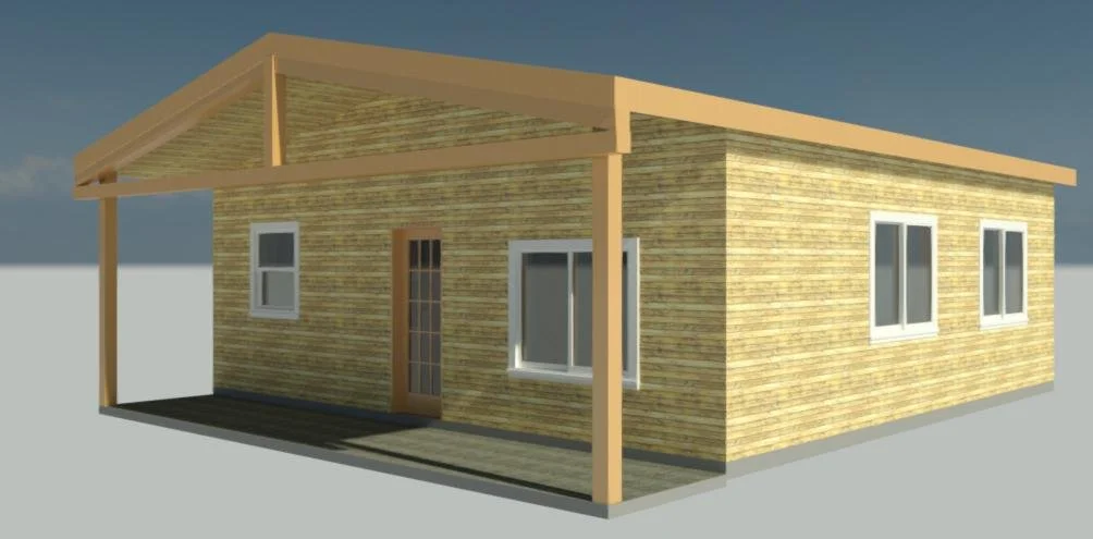 3D rendering of a small house with a wooden exterior, three windows, a wooden door, and a large partially open front porch with a sloped roof.