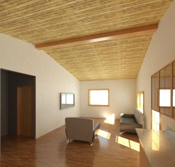 Living room with wooden ceiling, white walls, hardwood flooring, and two sofas illuminated by natural light from three windows.