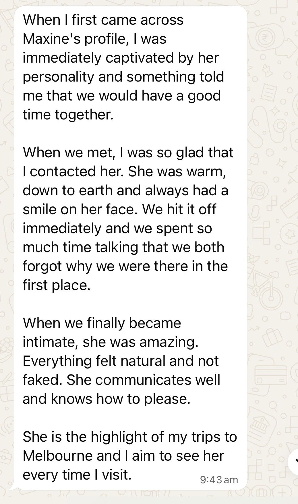 A WhatsApp chat message expressing admiration for a woman named Maxine, describing her personality, how they met, their relationship development, and the emotional connection they share.