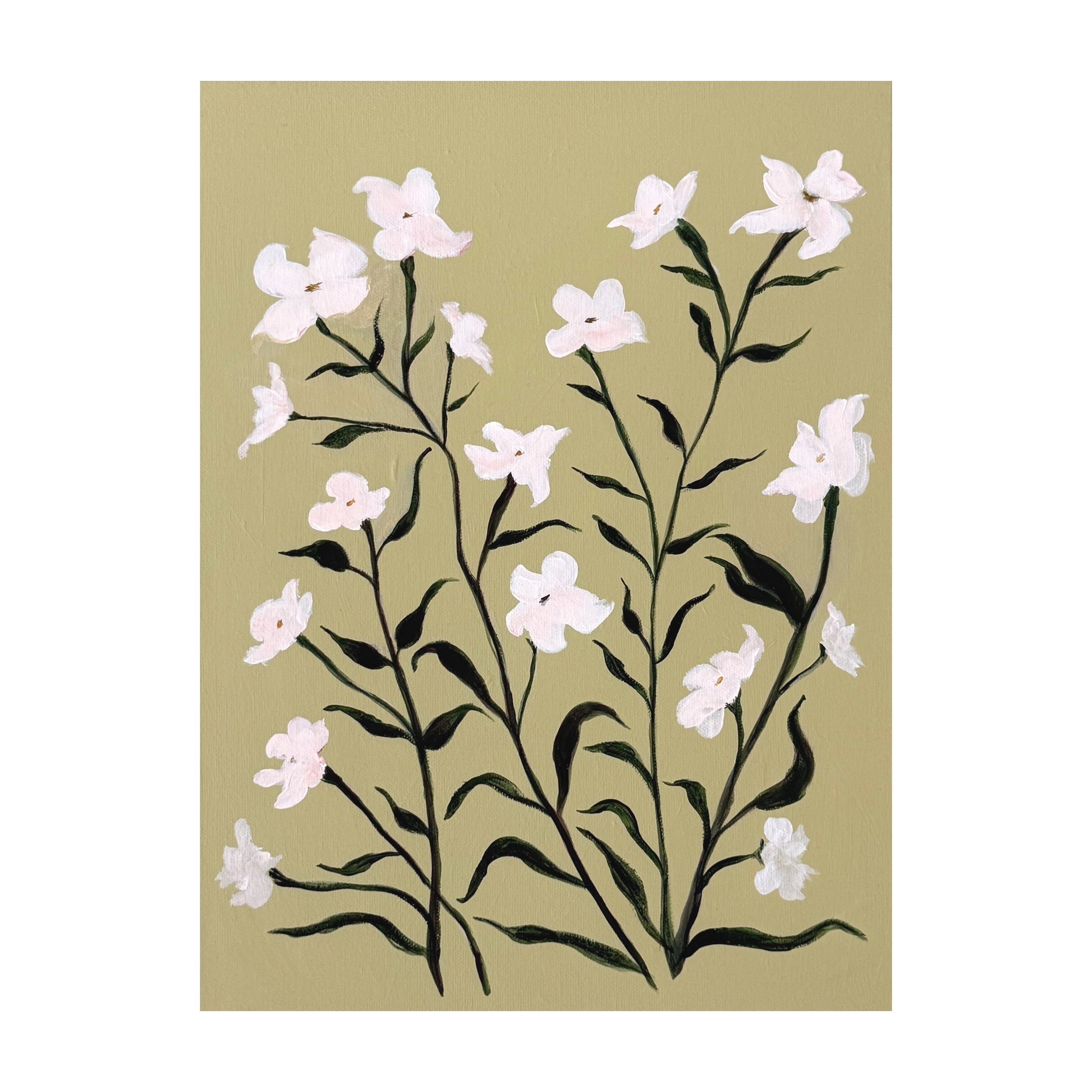 Painting of white flowers with green leaves and dark stems on a beige background.