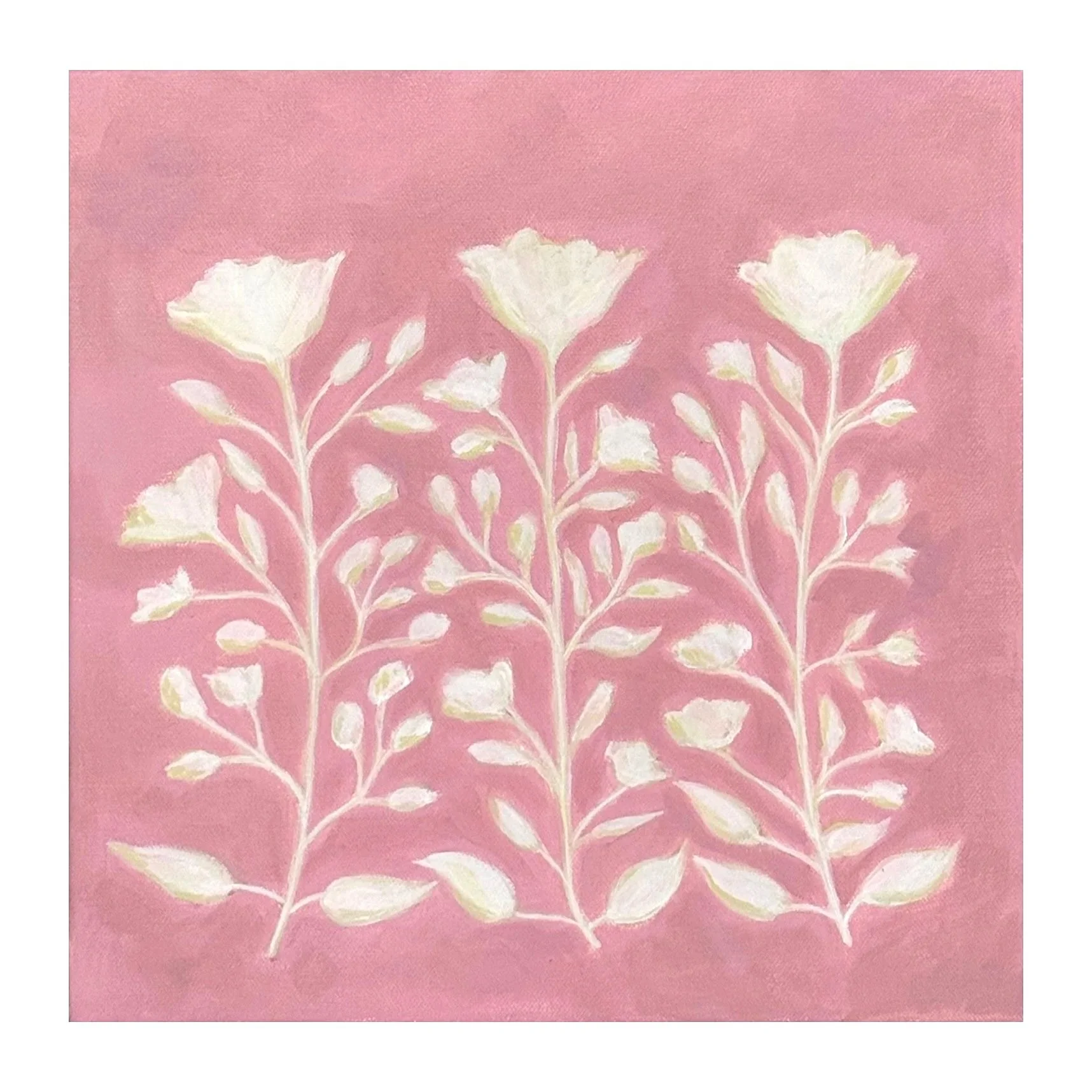 Three white floral branches with buds and leaves on a pink background.