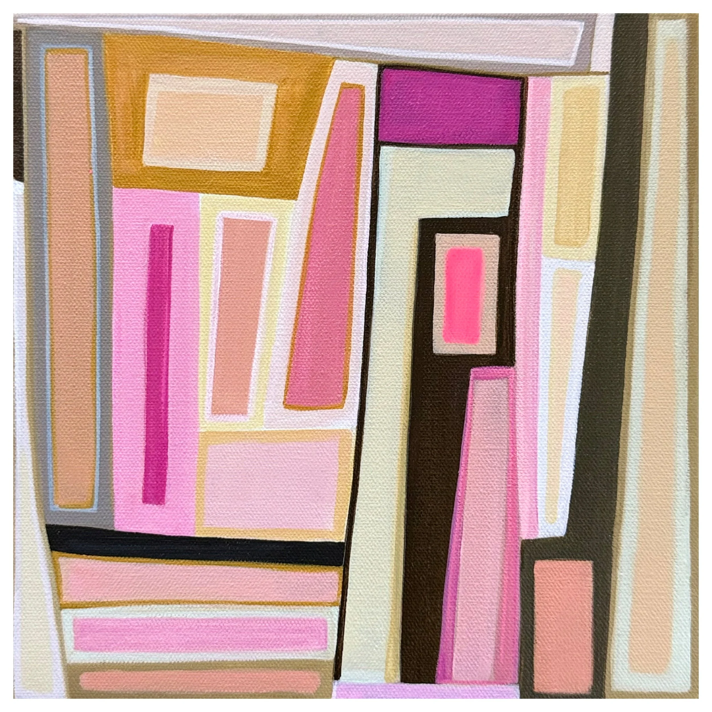 Abstract painting with geometric shapes in pink, beige, brown, purple, and white colors.