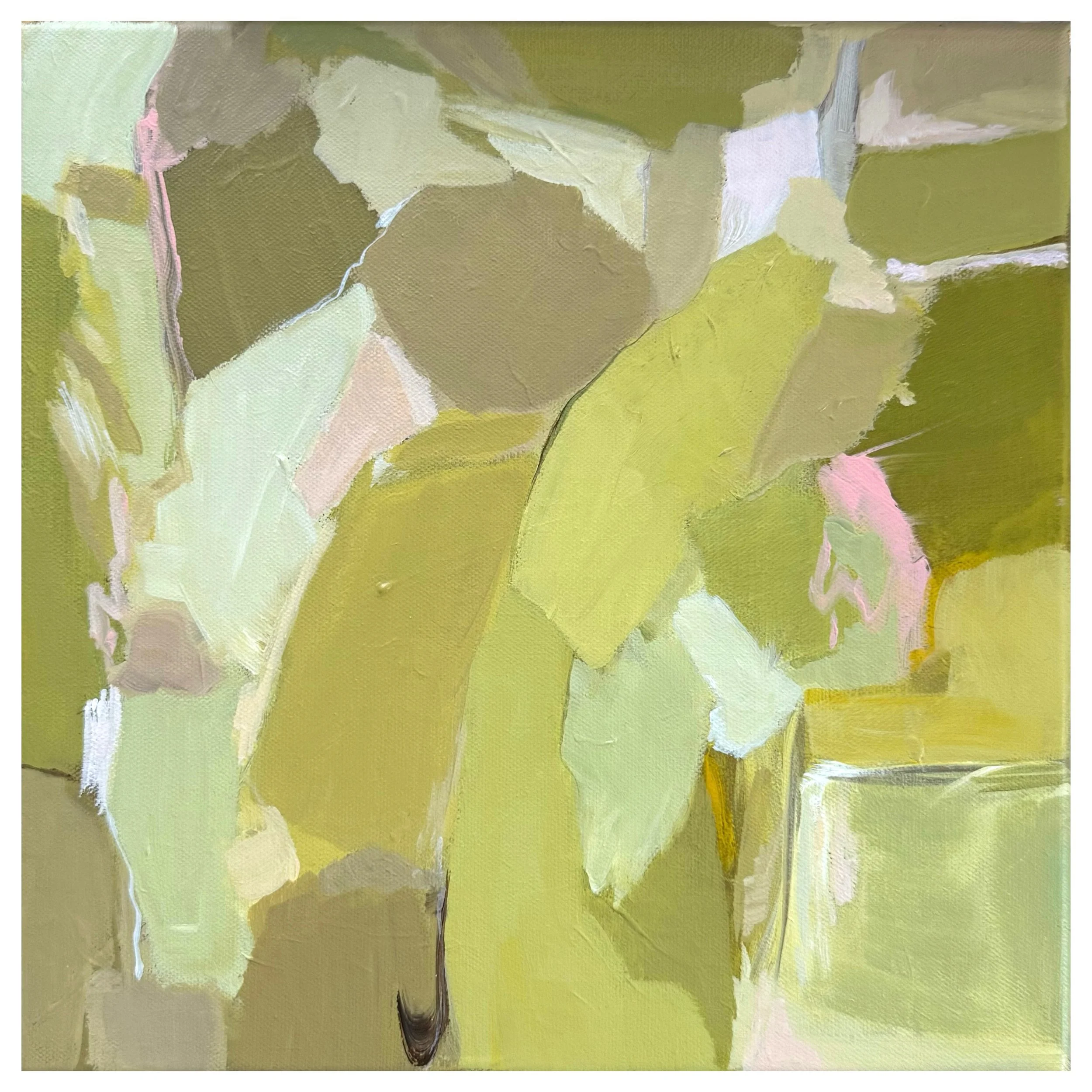 Abstract painting with green and beige leaves and shapes.