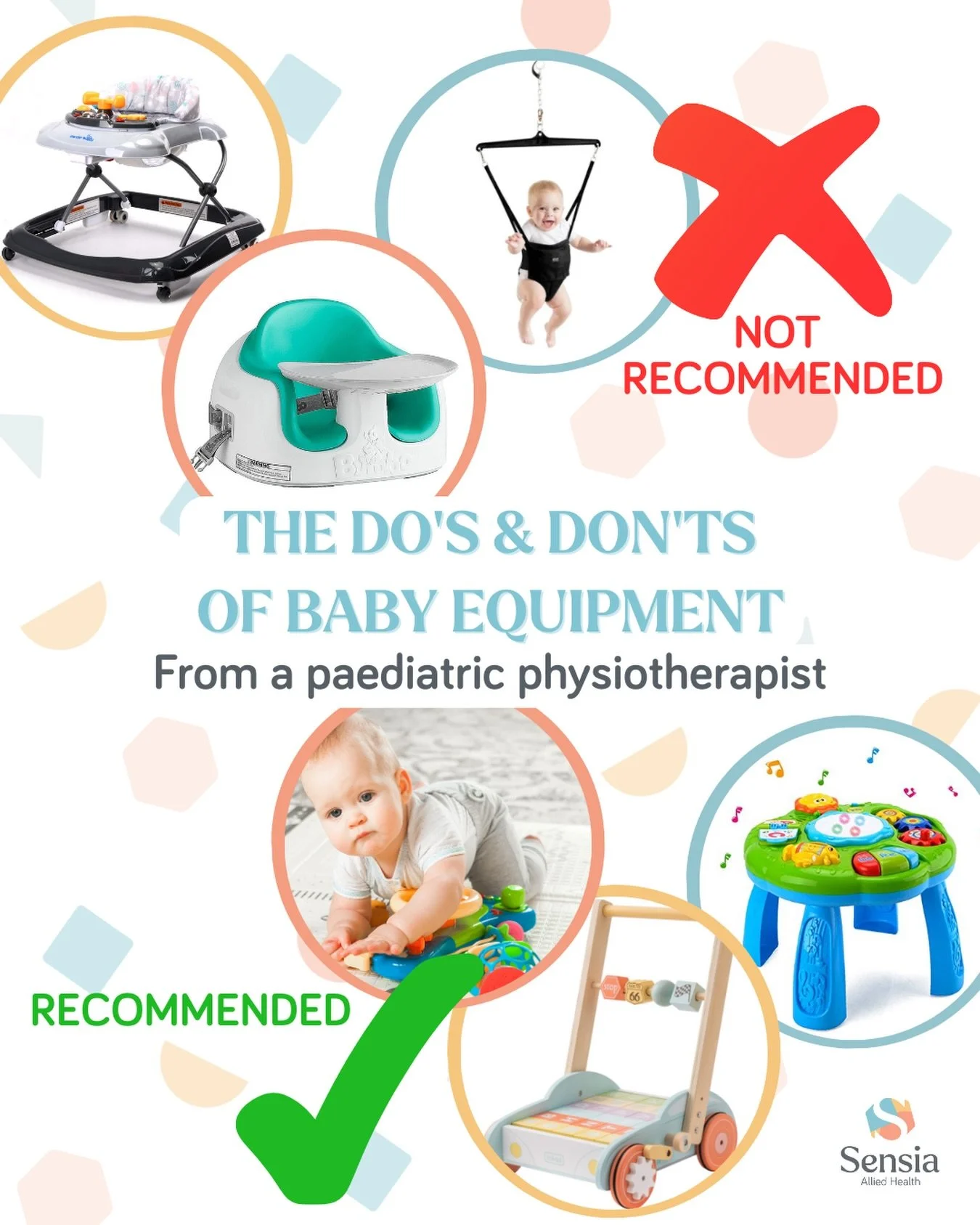 🚫 Jolly jumpers &rarr; No.
🚫 Baby walkers &rarr; No.
🚫 Floor seats &rarr; Also no.

Here&rsquo;s why 👇

These popular items can delay standing and walking, encourage toe-walking, impact hip and spine alignment and limit the strength babies need t