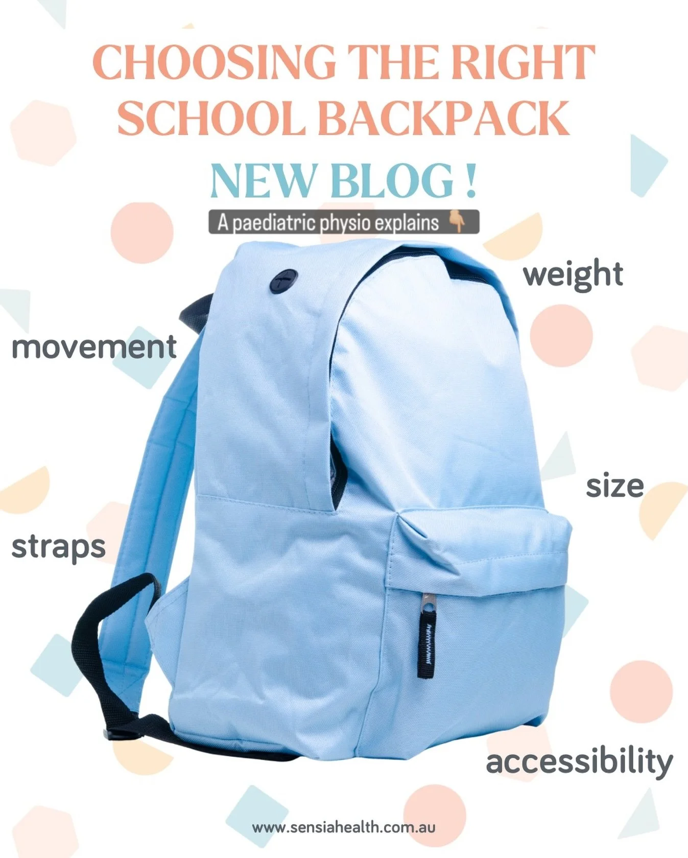 5 Tips from a paediatric physio for Choosing the Right School Backpack&nbsp;

1. Size&nbsp; Choose a backpack that fits your child&rsquo;s body,&nbsp;not one they &ldquo;grow into.&rdquo; It should sit below the shoulders, not be wider than the torso