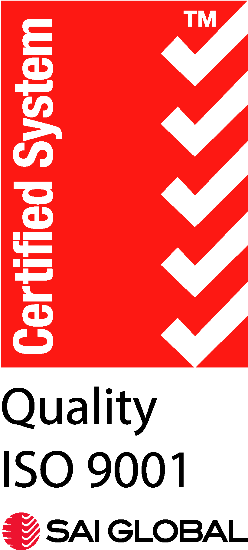 A certificate or badge with a red background and white check marks, labeled 'Certified System' and indicating compliance with ISO 9001 quality standards, issued by SAI Global.