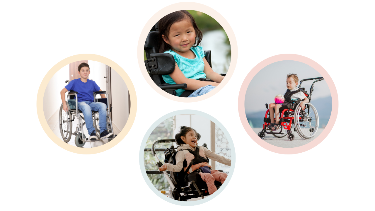Four children with disabilities in wheelchairs, each smiling and enjoying different outdoor and indoor activities.