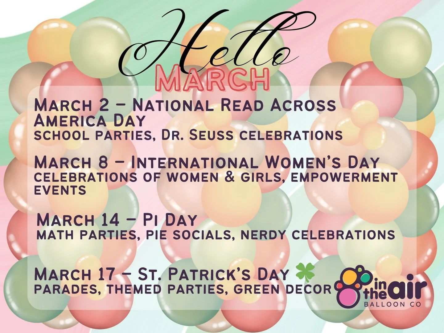 If your March calendar looks anything like mine&hellip; it&rsquo;s chaos 😅

Class parties. Birthdays. Spring break. Sports banquets. St. Patrick&rsquo;s Day everything.

Let me handle the balloons so you can handle literally everything else. 🎈✨

Se
