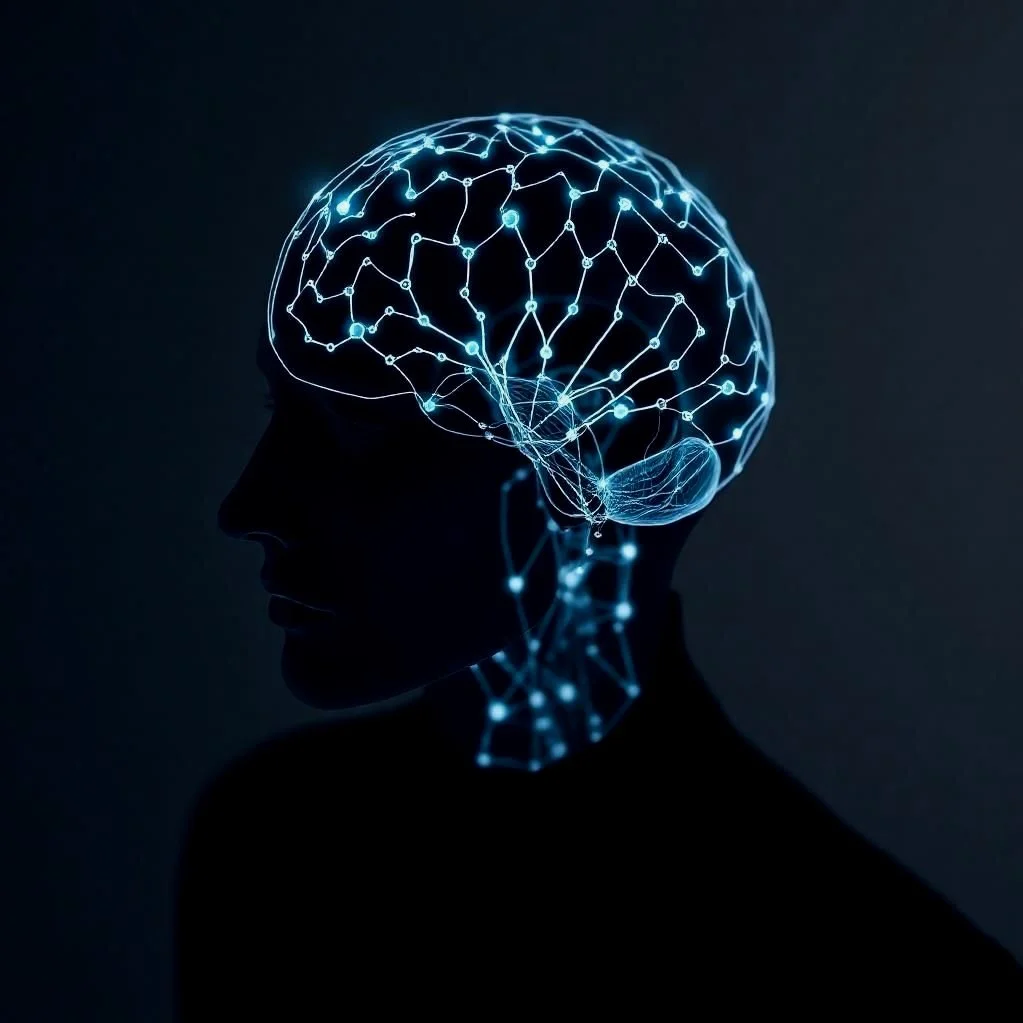 A silhouette of a person's head with a glowing digital brain overlay, depicting neural connections.