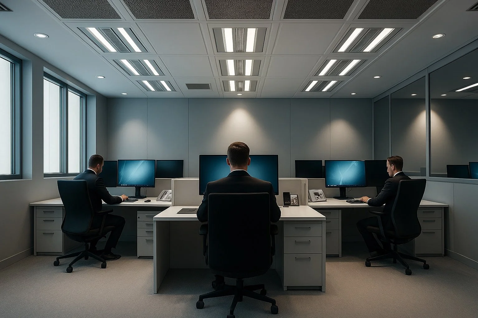 Three men in suits working at desks with multiple computer monitors in an office with ceiling lights and windows.